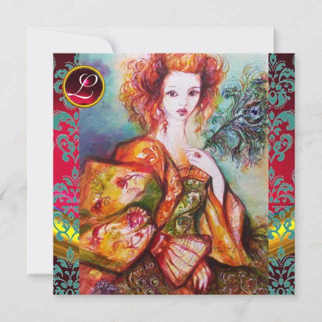 ROMANTISK KVINNA MED SPARKLING PEACOCK FEATHER INBJUDNINGAR (Framsida)