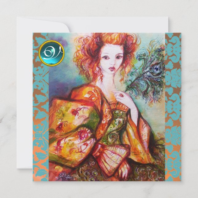 ROMANTISK KVINNA MED SPARKLING PEACOCK FEATHER INBJUDNINGAR (Framsida)