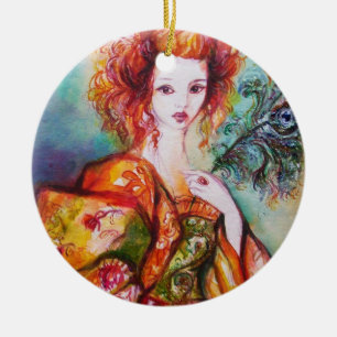 ROMANTISK KVINNA MED SPARKLING PEACOCK FEATHER JULGRANSPRYDNAD KERAMIK