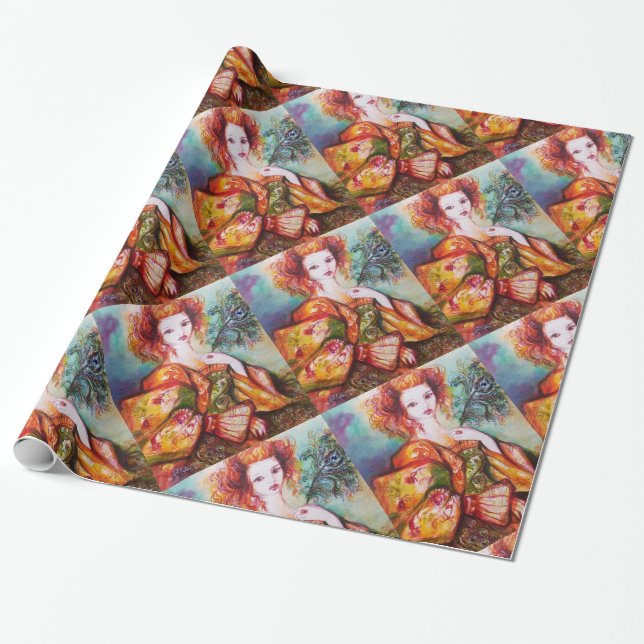 ROMANTISK KVINNA MED SPARKLING PEACOCK FEATHER PRESENTPAPPER (Utrullad)