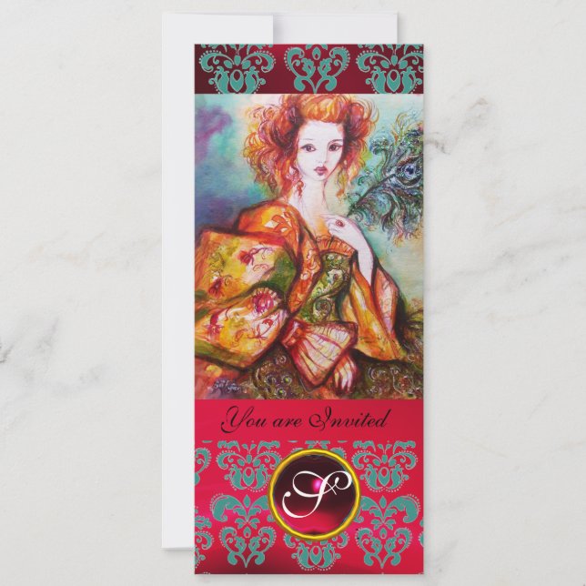 ROMANTISK KVINNA MED SPARKLING PEACOCK FEATHER,Red Inbjudningar (Framsida)