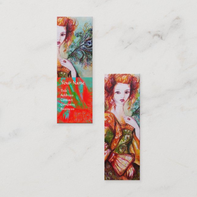 ROMANTISK KVINNA MED SPARKLING PEACOCK FEATHER Red Mini Visitkort (Fram/baksida)