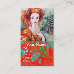 ROMANTISK KVINNA MED SPARKLING PEACOCK FEATHER Red Visitkort