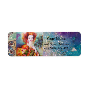 ROMANTISK KVINNA MED SPARKLING PEACOCK FEATHER RETURADRESS ETIKETT