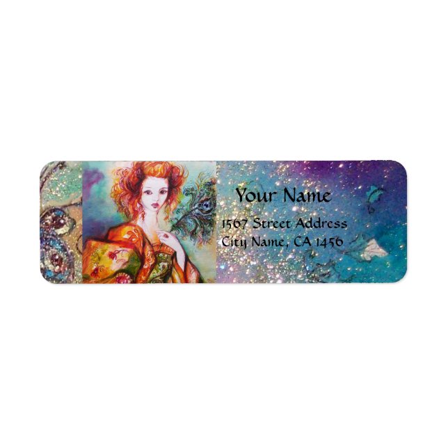 ROMANTISK KVINNA MED SPARKLING PEACOCK FEATHER RETURADRESS ETIKETT (Framsidan)