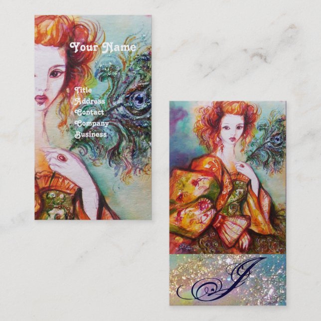 ROMANTISK KVINNA MED SPARKLING PEACOCK FEATHER VISITKORT (Fram/baksida)