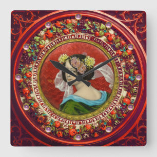 ROMANTISK KVINNA MED VINTAGE ENAMEL MED BLOMMAR FYRKANTIG KLOCKA