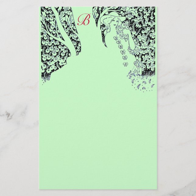 ROMANTISK KVINNA,RO,NATUR Black Grönt Monogram Brevpapper (Framsida)