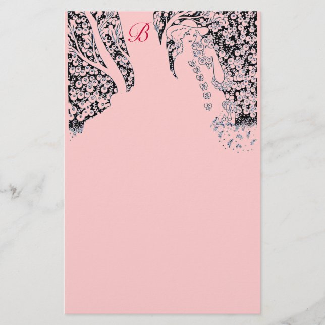 ROMANTISK KVINNA,RO,NATUR Svart Rosa Monogram Brevpapper (Framsida)