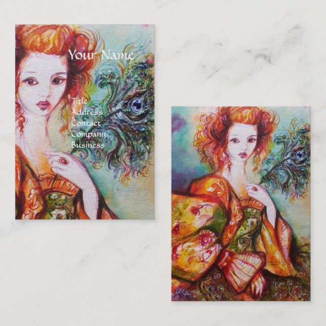ROMANTISK KVINNA, SPARKLING PEACOCK FEATHER Pearl Visitkort (Fram/baksida)