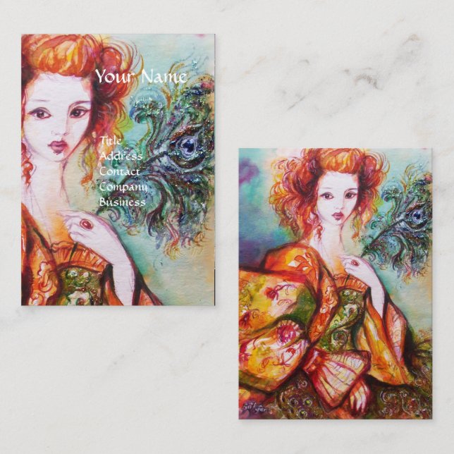 ROMANTISK KVINNA,SPARKLING PEACOCK FEATHER White Visitkort (Fram/baksida)