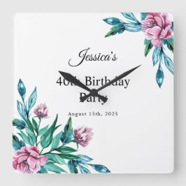 Romantisk kvinnlig Blommigt 40:e födelsedagen Fyrkantig Klocka