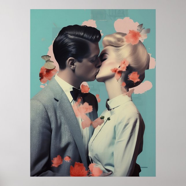 Romantisk kyss, utskrift, dekorfärg, kollage, bild poster (Framsidan)