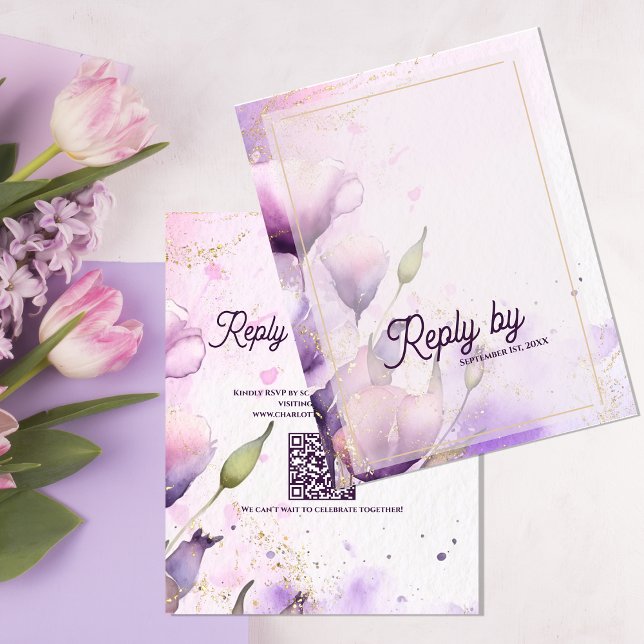 Romantisk Lavendel Guld Blommig Bröllops Svar Av (Romantic Lavender Gold Floral Wedding Reply By RSVP Card)