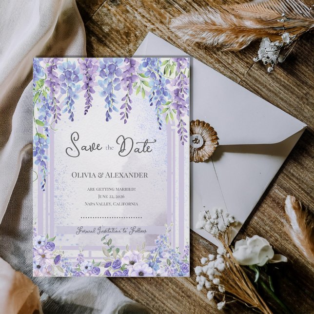 Romantisk Lavendel Wisteria Spara Datum Meddelande (Romantic Lavender Wisteria Save the Date Card | Purple Floral Garden Wedding Announcement)