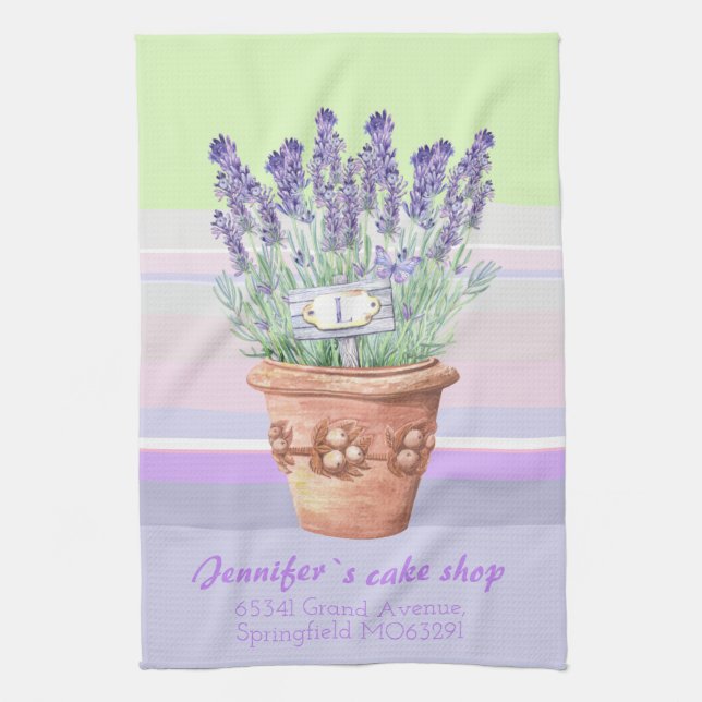 Romantisk lavender och namn på stripe pastel bg st kökshandduk (Vertikal)