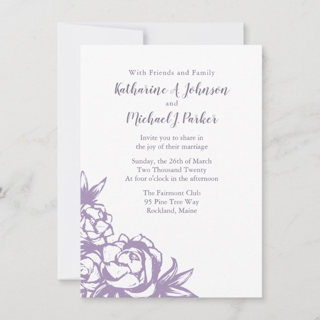 Romantisk Lavender Peonies Wedding bjudande Inbjudningar (Framsida)