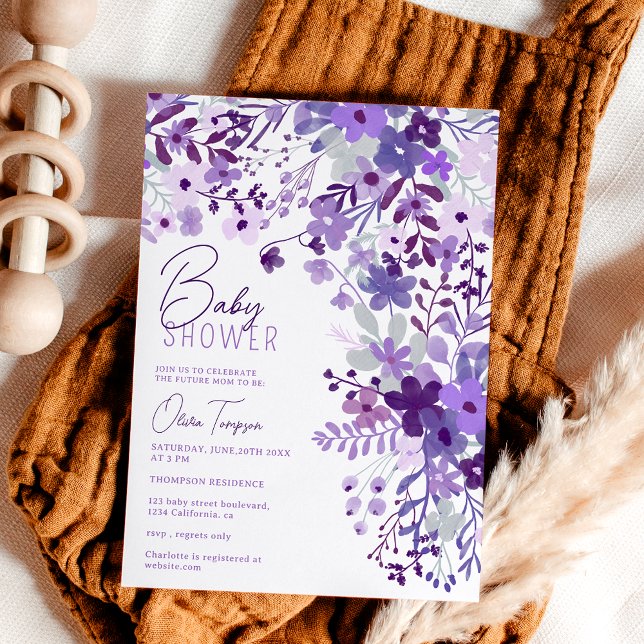 Romantisk lavender vild blommor vår babydusch inbjudningar (Romantic lavender wild flowers spring baby shower invitation)