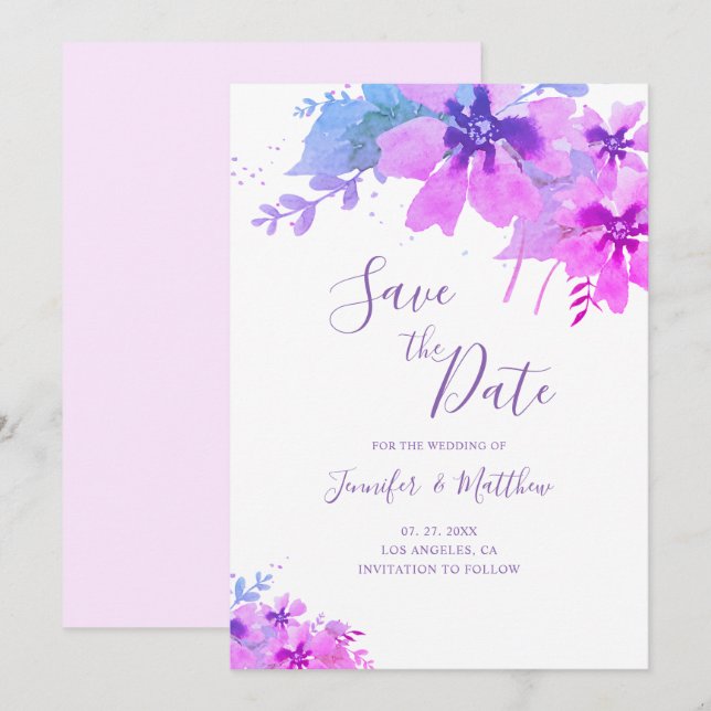Romantisk Lila Blommigt Bröllop spara datum Card Datumet (Fram/baksida)