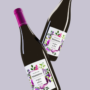 Romantisk Lila Blommigt Bröllop Vin Vinflaska Etikett
