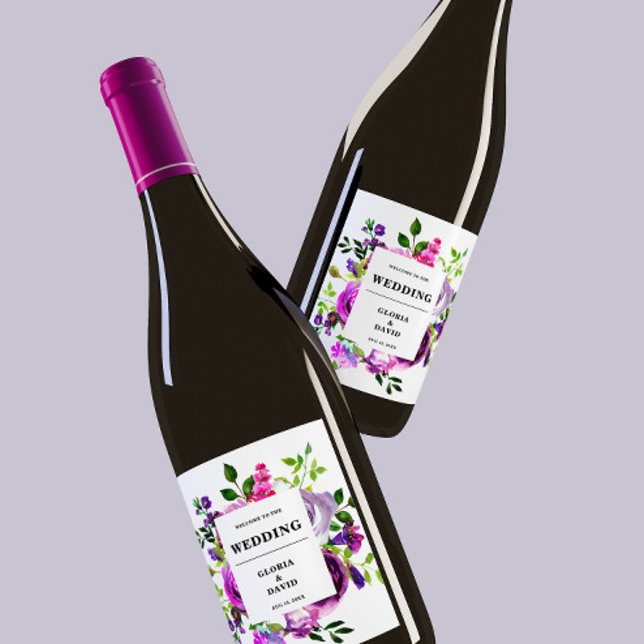 Romantisk Lila Blommigt Bröllop Vin Vinflaska Etikett (Skapare uppladdad)