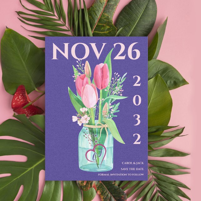 Romantisk Lila  Blommigten Bröllop spara datum Meddelande (Romantic Purple Blush Floral Wedding Save the Date Announcement)