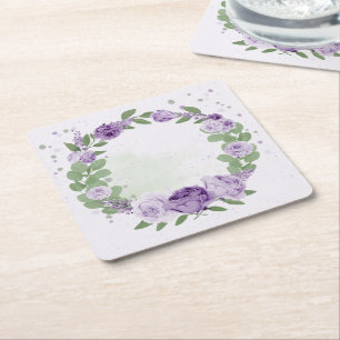 romantisk lila blommor grönt löv botaniskt underlägg papper kvadrat