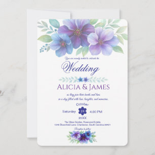 Romantisk Lila Blue Botanical Watercolor Bröllop Inbjudningar