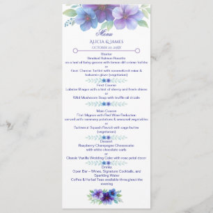 Romantisk Lila Blue Botanical Watercolor Bröllop Meny