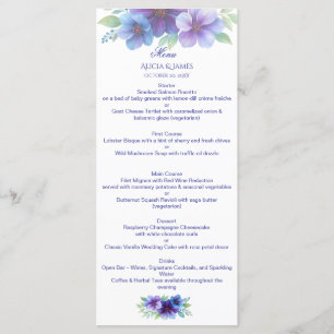 Romantisk Lila Blue Botanical Watercolor Bröllop Meny