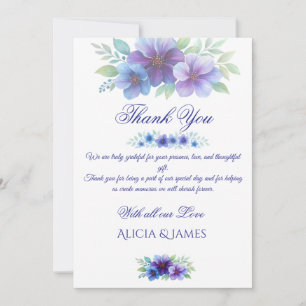Romantisk Lila Blue Botanical Watercolor Bröllop Tack Kort