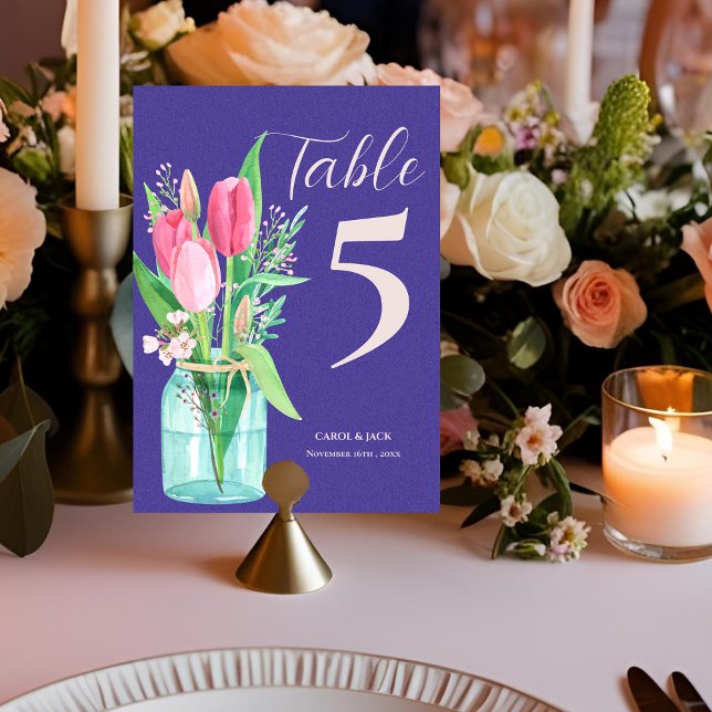 Romantisk Lila  Bordsnumret Tulip Bröllop Tack Kort (Romantic Purple Blush Tulip Wedding Table Number)