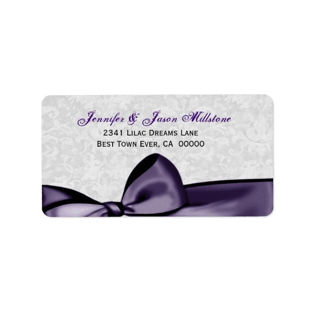 Romantisk Lila Bow Silver Damask Wedding Adressetikett (Framsidan)