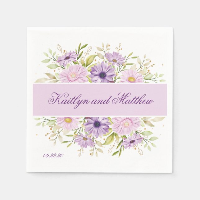 Romantisk Lila Bröllop Blommigt Pappersservett (Framsidan)