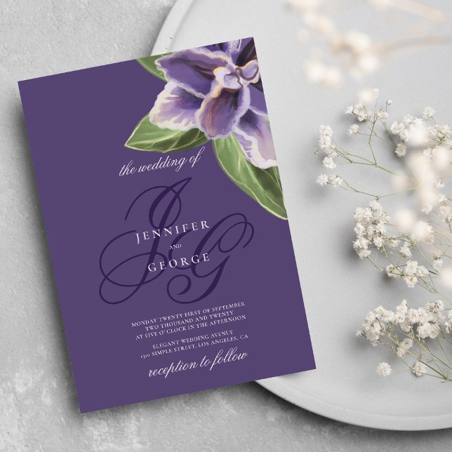 Romantisk lila grönt lavender orchid bröllop inbjudningar (Romantic purple green lavender orchid wedding)