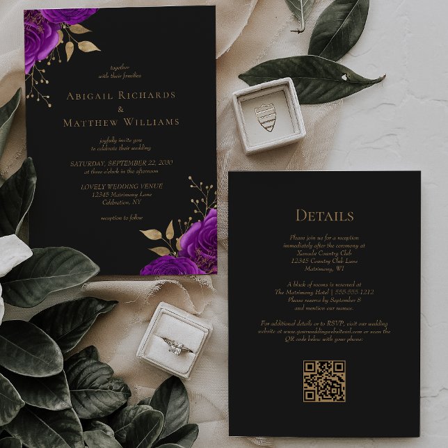 Romantisk Lila Guld Blommigt Mörk QR Kod Bröllop Inbjudningar (Skapare uppladdad)