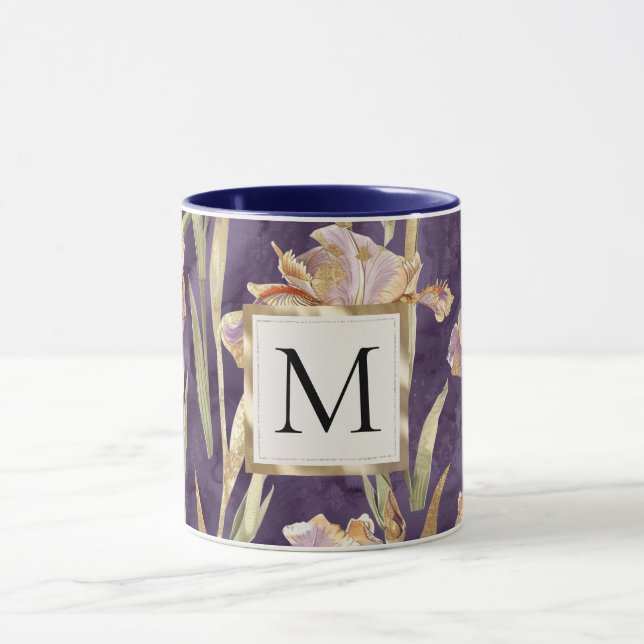 Romantisk lila iris blommig guldmonogram mugg (Center)
