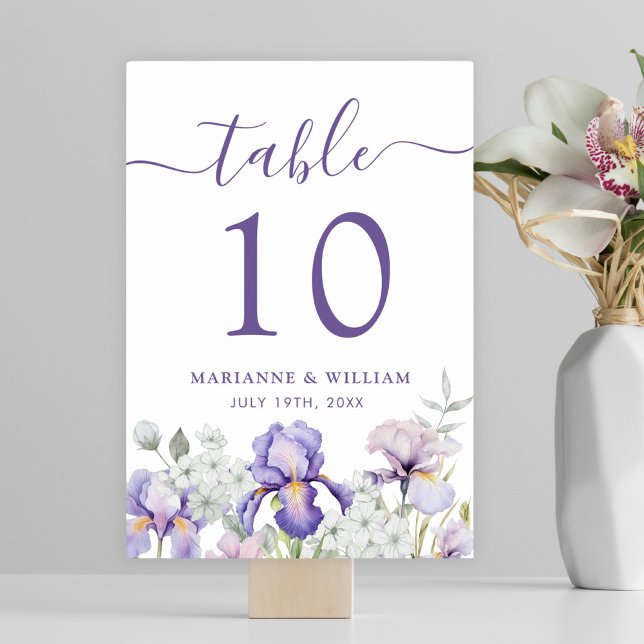 Romantisk Lila Iris Blommigt Bröllop Bordsnummer (Romantic Purple Iris Floral Wedding Table Number)