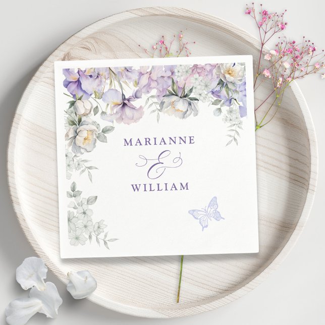 Romantisk Lila Iris Blommigt Bröllop Pappersservett (Romantic Purple Iris Floral Wedding Napkins)