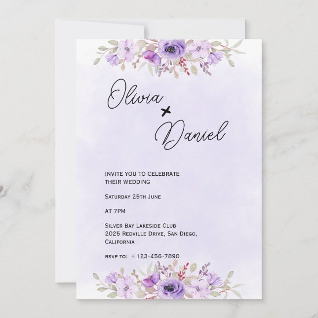 Romantisk Lila Minimalistisk Blommigt Bröllop Inbjudningar (Framsida)