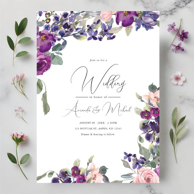 Romantisk Lila och Rosa Blommigt Bröllop Inbjudningar (Romantic Purple and Pink Floral Wedding Invitation)