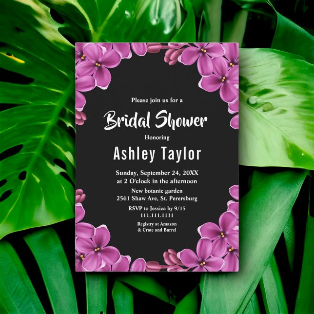 Romantisk Lila Orchid Black Blommigt Möhippa Inbjudningar (Skapare uppladdad)