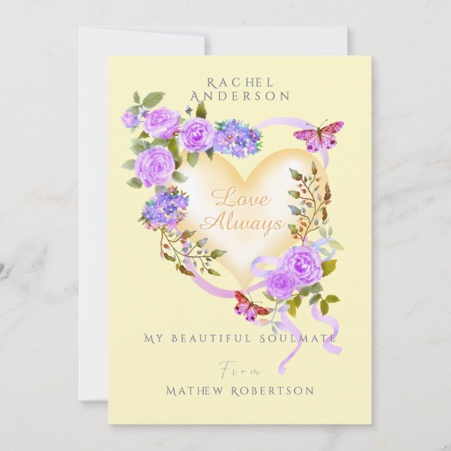 Romantisk lila ros gul valentinkort julkort (Framsida)