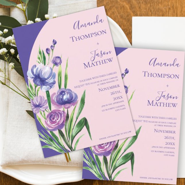Romantisk Lila  Rosa Blommigt Elegant bröllop Inbjudningar (Romantic Purple Blush Pink Floral Elegant Wedding Invitation)