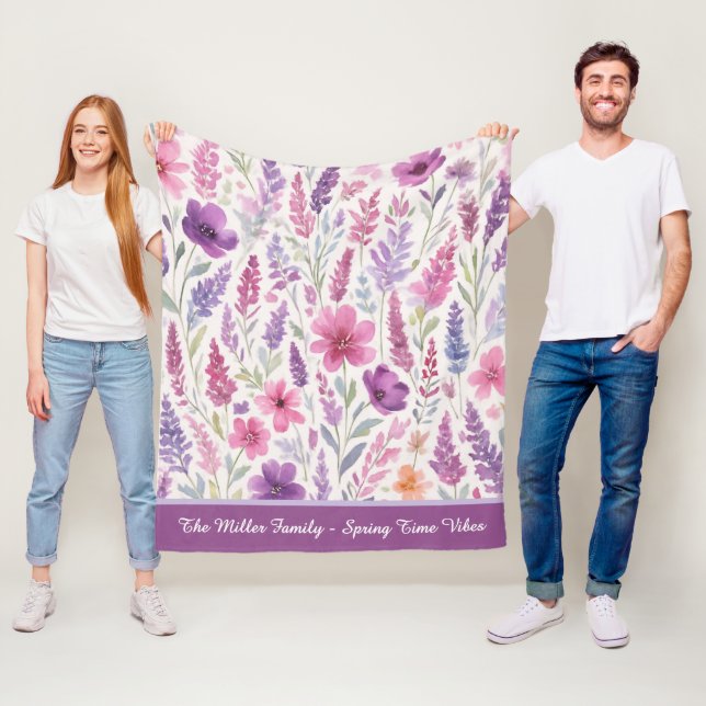 Romantisk lila rosa Pastel Botanical Vår Meadow Fleecefilt (På plats)