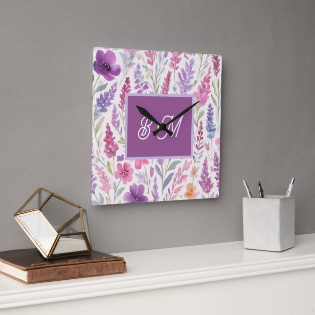 Romantisk lila rosa Pastel Botanical Vår Meadow Fyrkantig Klocka (Kontor)