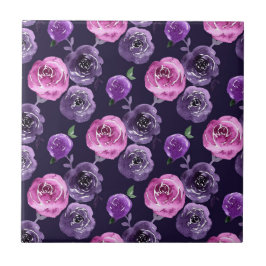 Romantisk Lila & Rosa Watercolor Ro Blommigt Kakelplatta