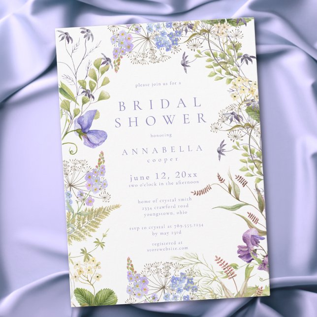 Romantisk lila & salvia vildblomma bröllopsdusch inbjudningar (Romantic Purple & Sage Wildflower Bridal Shower Invitation)