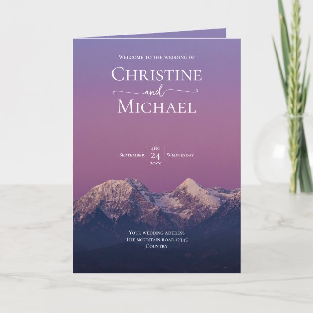 Romantisk lila: snöberg i bröllop program (Framsida)