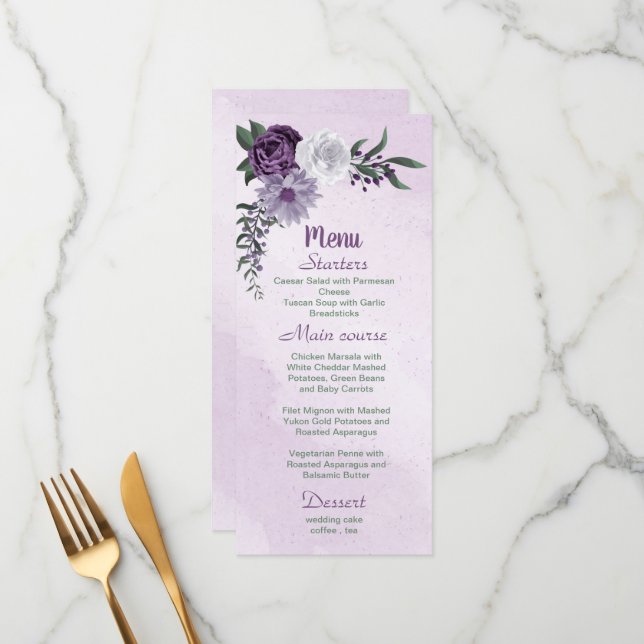 romantisk lila vit blomma grönt löv meny (Fram/Back In Situ)